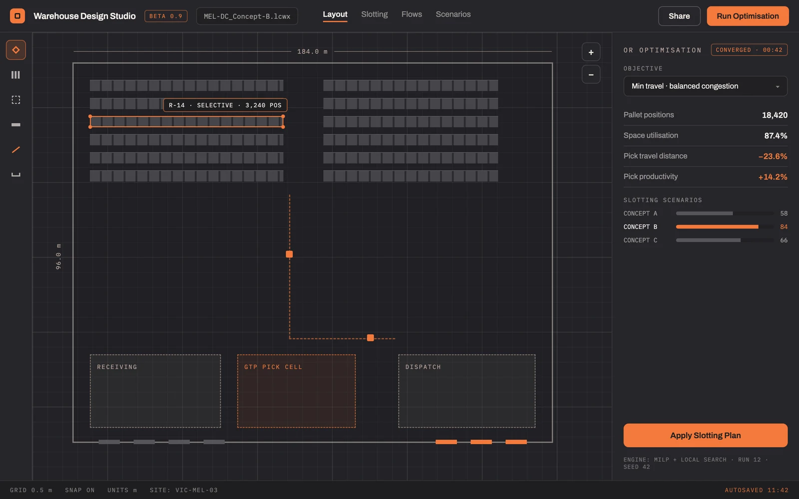 Warehouse layout and digital-twin design interface.